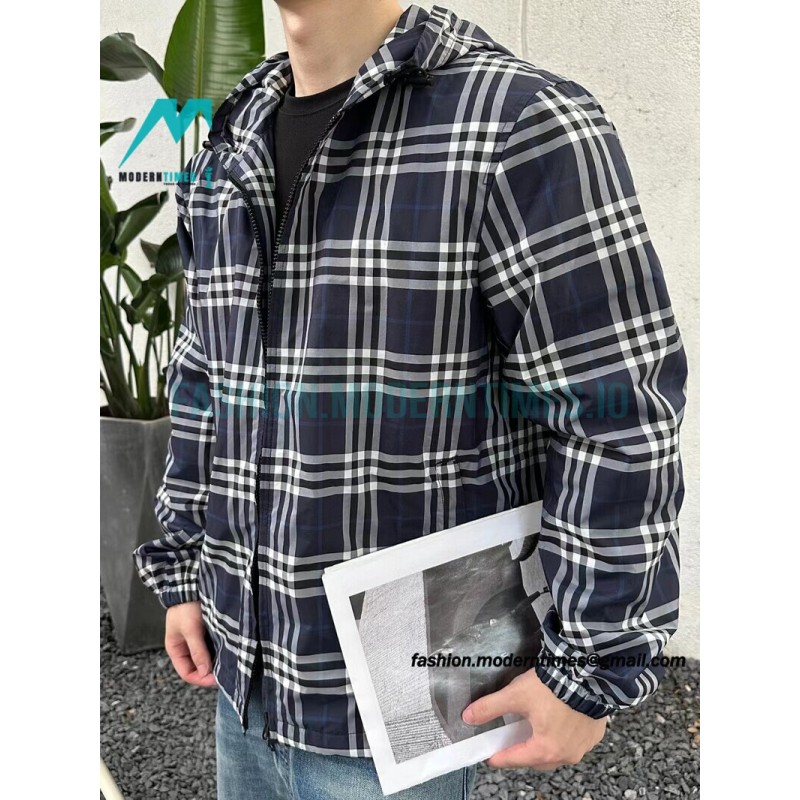Burberry - 23FW New Blue And White Checked Hooded Jacket
