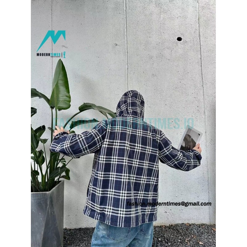 Burberry - 23FW New Blue And White Checked Hooded Jacket