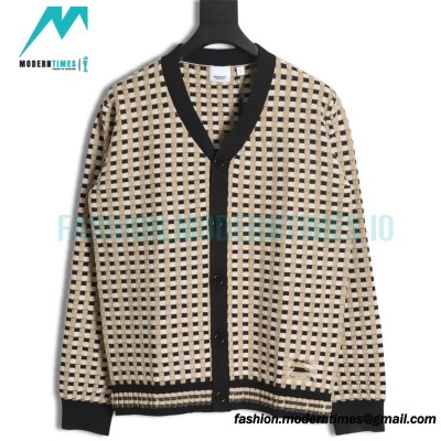 Burberry - 23FW Black And White Plaid V-neck Knit Sweater Cardigan