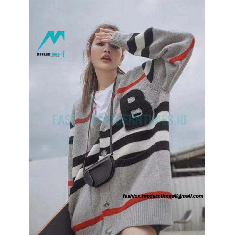 Burberry - 22FW POP Co-branded Inlaid Gray Striped Cardigan