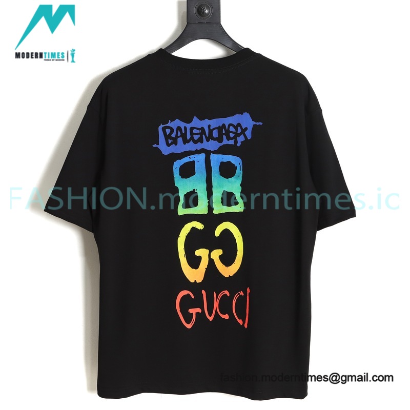 Balenciaga - Gucci 2023 Co-branded Color Gradient Logo Spring/Summer New T-shirt