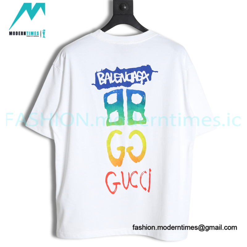 Balenciaga - Gucci 2023 Co-branded Color Gradient Logo Spring/Summer New T-shirt
