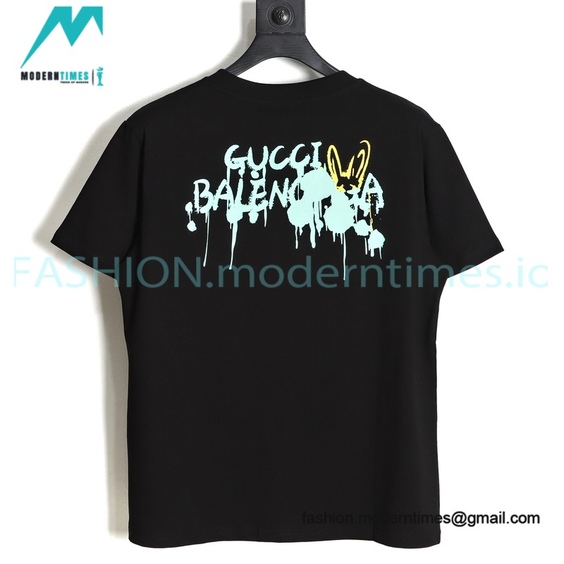 Balenciaga - Gucci Co-branded Green and Yellow Fluid Graffiti Print Short Sleeve