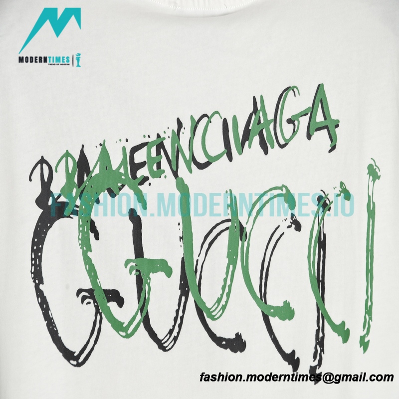 Balenciaga - Gucci Co-branded Style White/Green Graffiti Short Sleeve