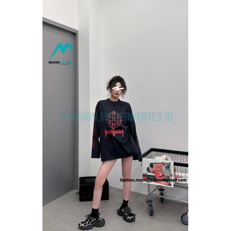 Balenciaga - 23FW Large Label Double B Crack Printed Long Sleeve T-shirt