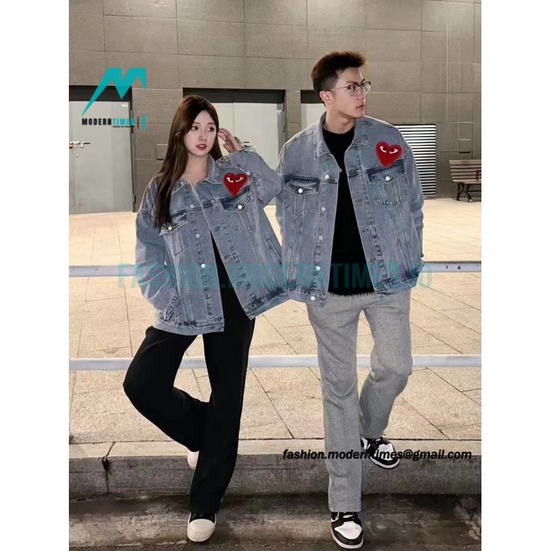 Comme Des Garcons - Denim Jacket With Big Hearts In Red