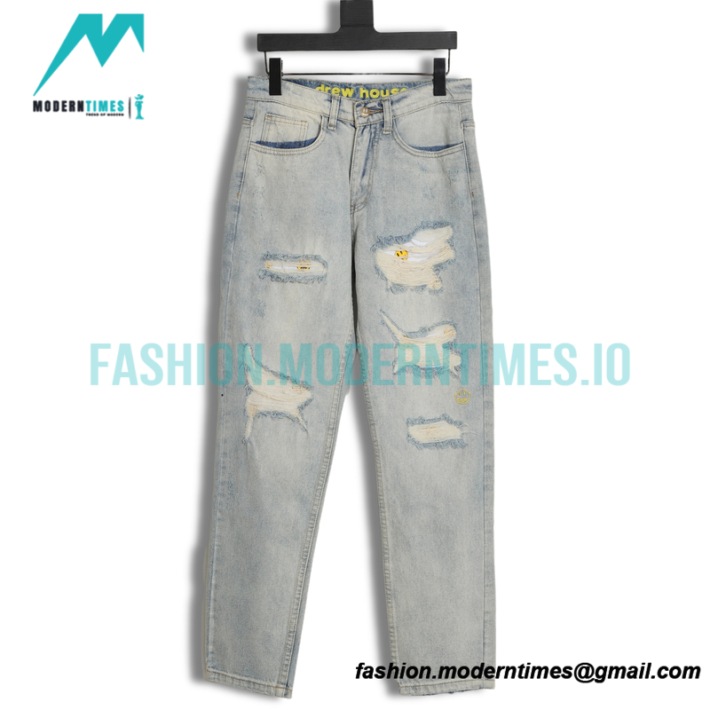 Drew House - 20ss Smiling Face Broken Holes In Washed Embroidered Jeans