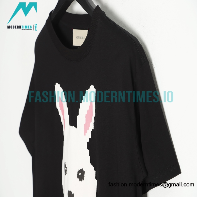 Gucci - 23ss Chest Pink Bunny Print Crew Neck Short-sleeved T-shirt