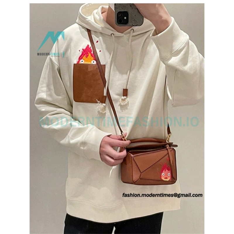 Loewe - 23FW Flame Embroidered Leather Pocket Hoodie