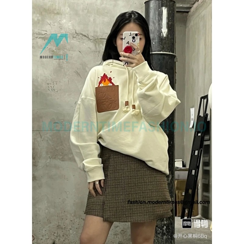 Loewe - 23FW Flame Embroidered Leather Pocket Hoodie
