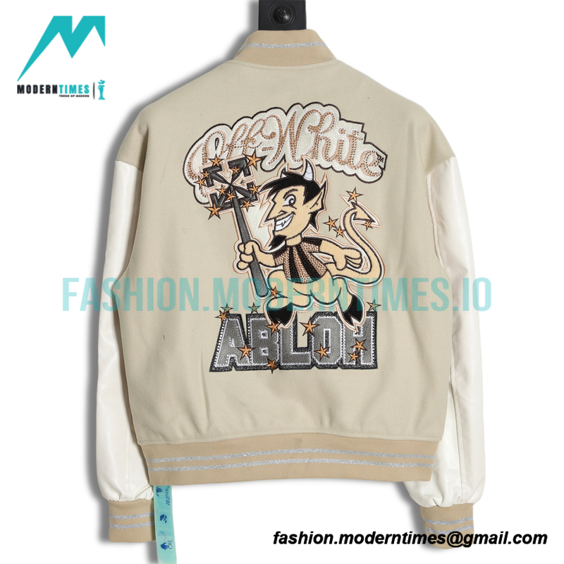 Off White - Milan Stitched Embroidery Heavy Hot Diamond Baseball Jacket