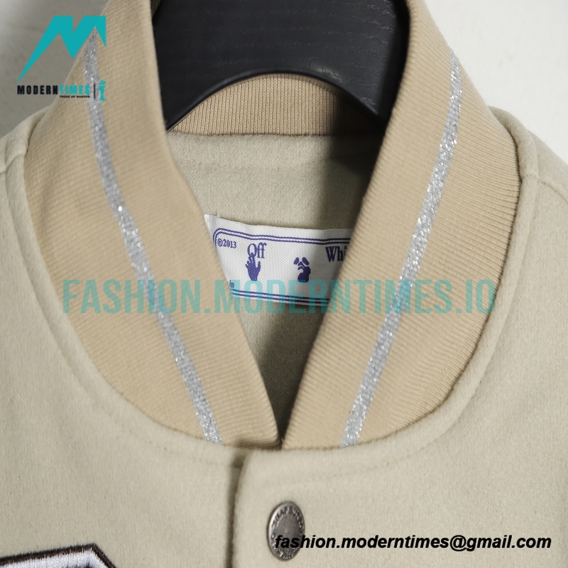 Off White - Milan Stitched Embroidery Heavy Hot Diamond Baseball Jacket